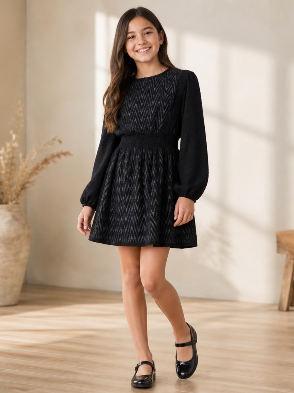 Mayoral Black Chevron Textured Long-Sleeve Dress Sz 10
